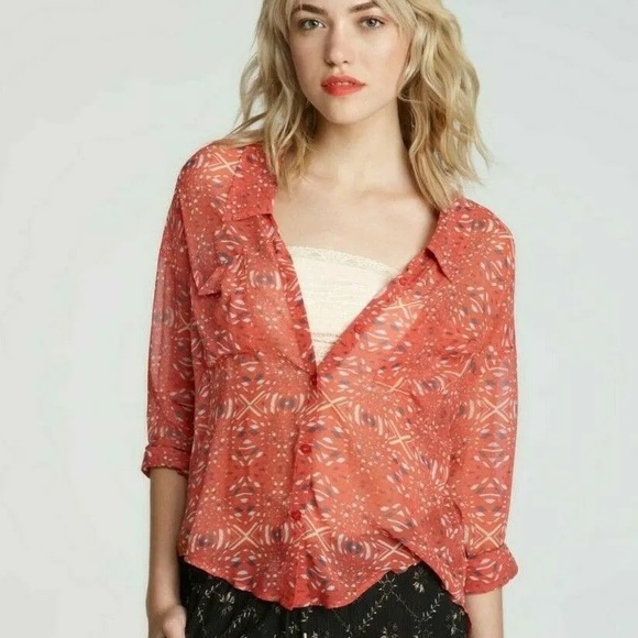 Free People Tops - Free People Easy Rider Geometric Button Shirt Womens Size M Orange Sheer Chiffon